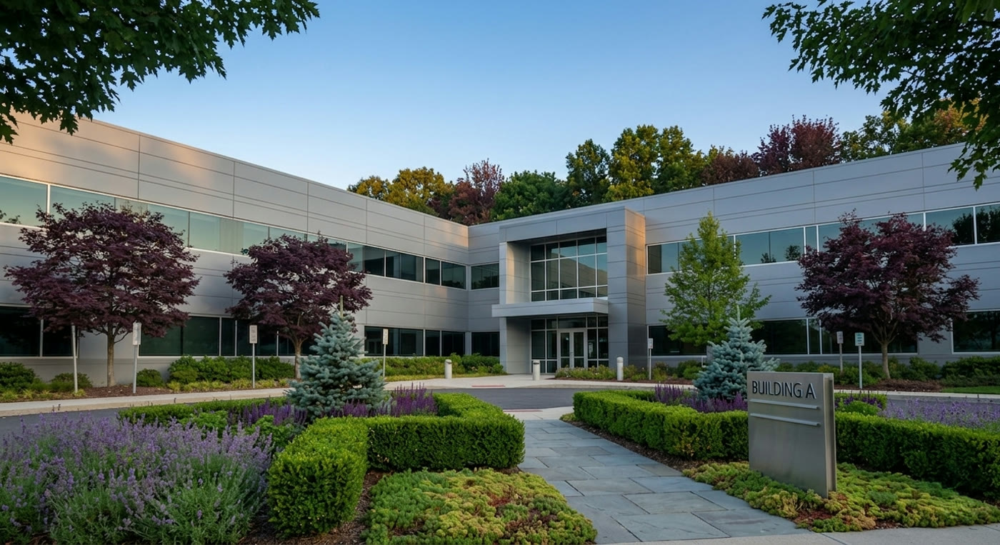 Delview Business Park — a completed commercial building with mature landscaping