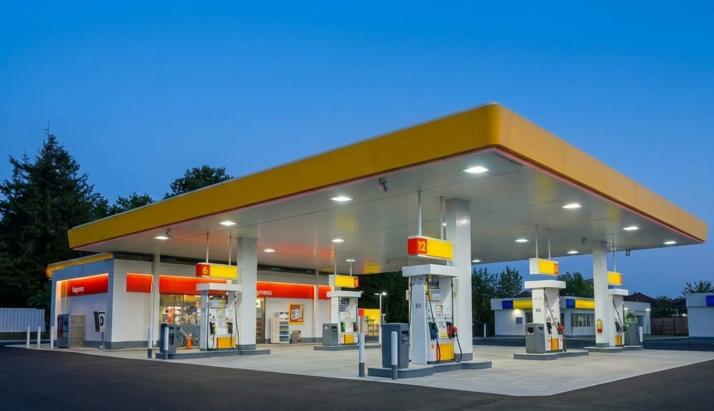 A Square Mile-developed fuel and convenience station at dusk