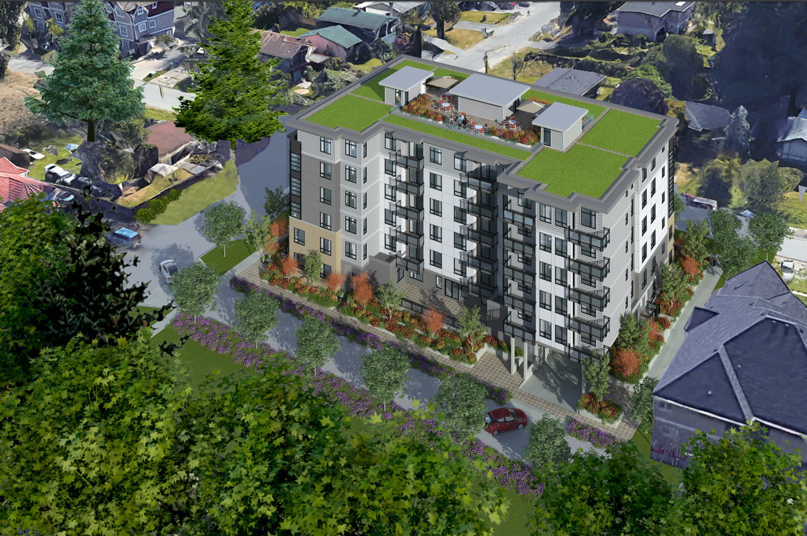 Aerial rendering of Zenith showing its green roof and landscaped grounds