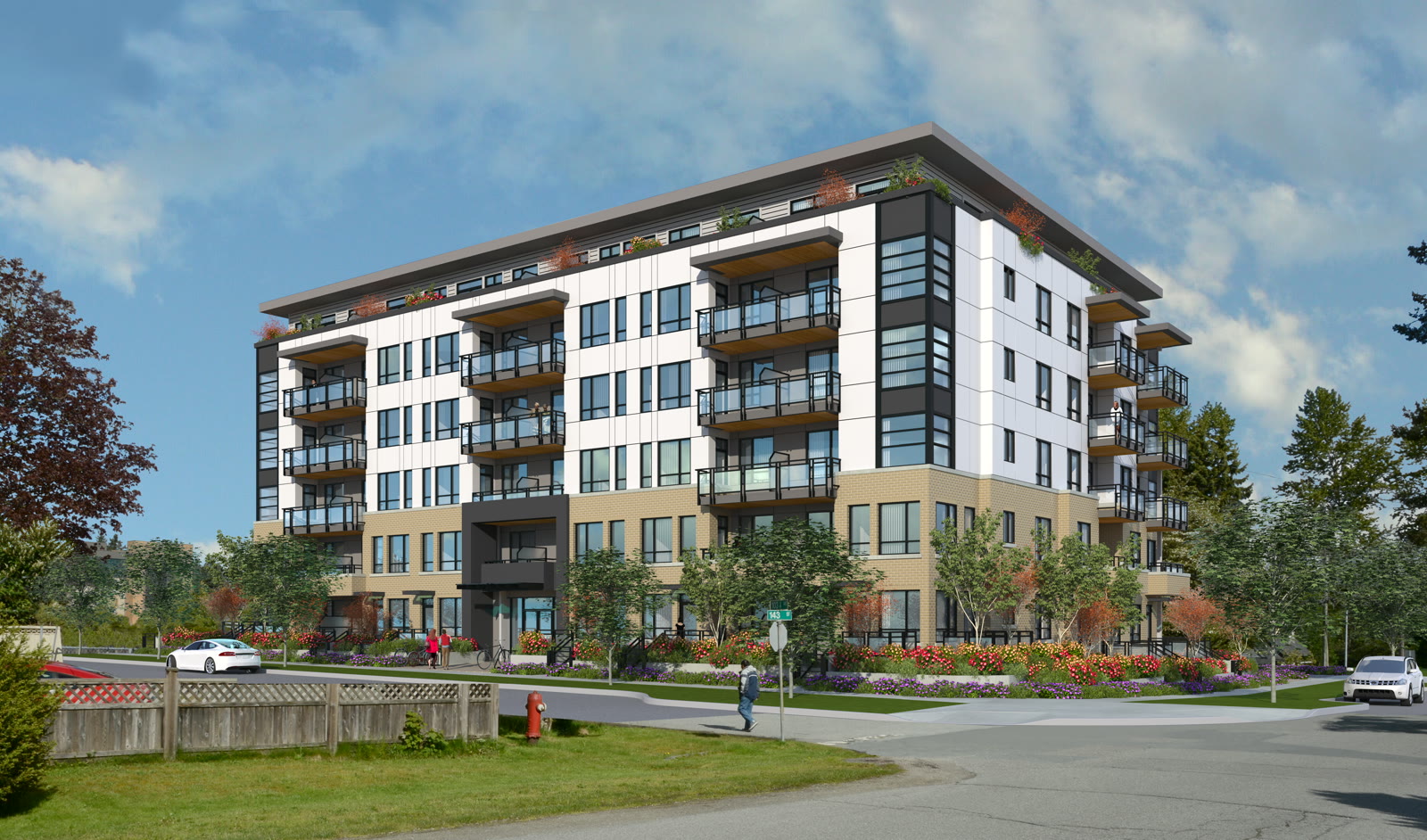 Daytime street-level rendering of Zenith, a contemporary multifamily building