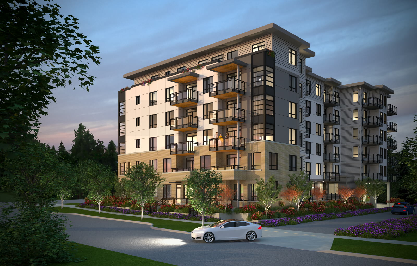 Rendering of Zenith — a contemporary six-storey multifamily building in wood, white, and warm metal, at dusk