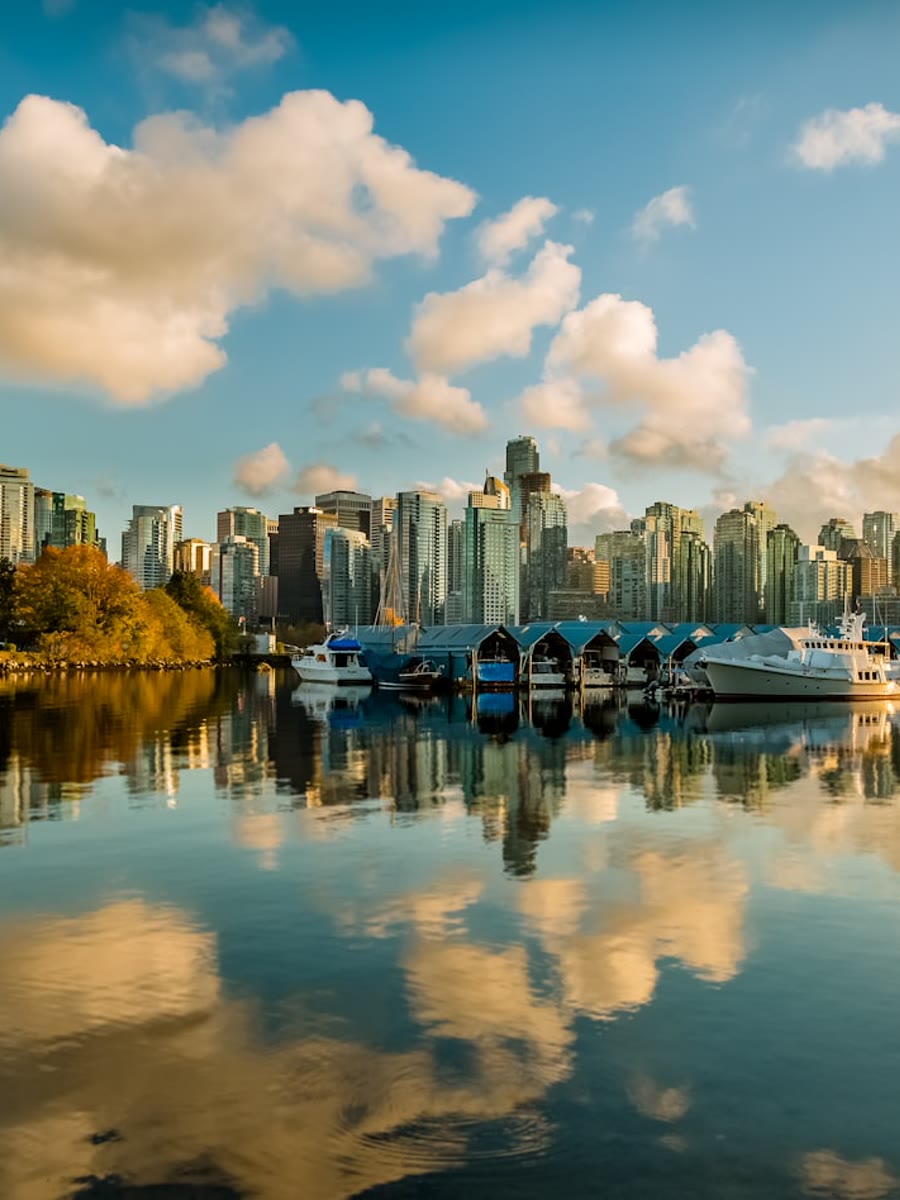 Vancouver skyline at golden hour over Coal Harbour
